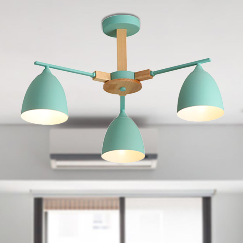 Metal Dome Shade Hanging Chandelier 3/6 Lights Modern Wood Arm Ceiling Hanging Lamp in Green/Grey/White Clearhalo 'Ceiling Lights' 'Chandeliers' 'Modern Chandeliers' 'Modern' Lighting' 237006