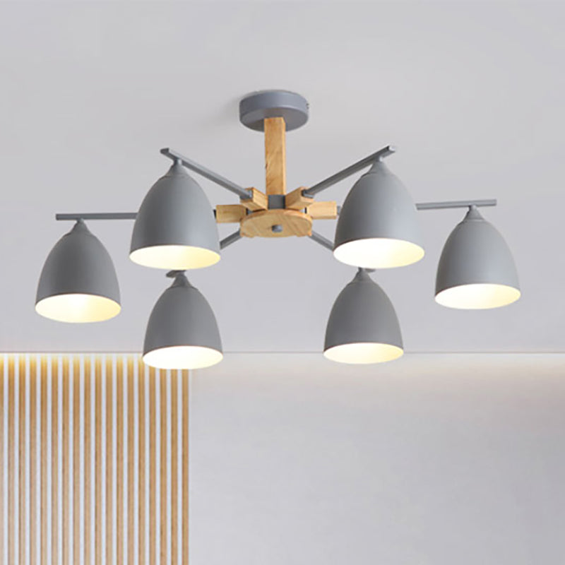 Metal Dome Shade Hanging Chandelier 3/6 Lights Modern Wood Arm Ceiling Hanging Lamp in Green/Grey/White 6 Grey Clearhalo 'Ceiling Lights' 'Chandeliers' 'Modern Chandeliers' 'Modern' Lighting' 237007