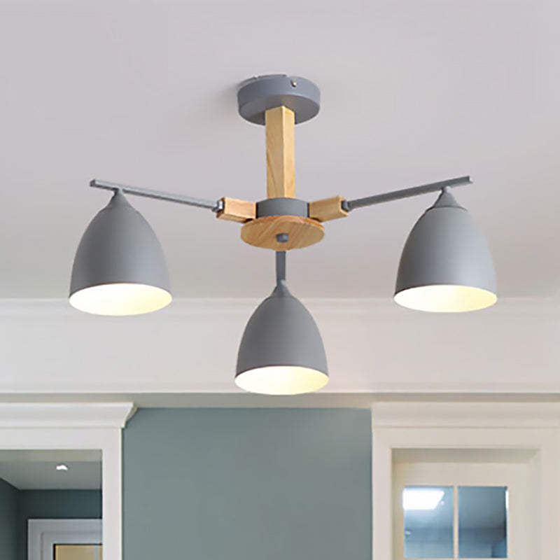 Metal Dome Shade Hanging Chandelier 3/6 Lights Modern Wood Arm Ceiling Hanging Lamp in Green/Grey/White 3 Grey Clearhalo 'Ceiling Lights' 'Chandeliers' 'Modern Chandeliers' 'Modern' Lighting' 237009