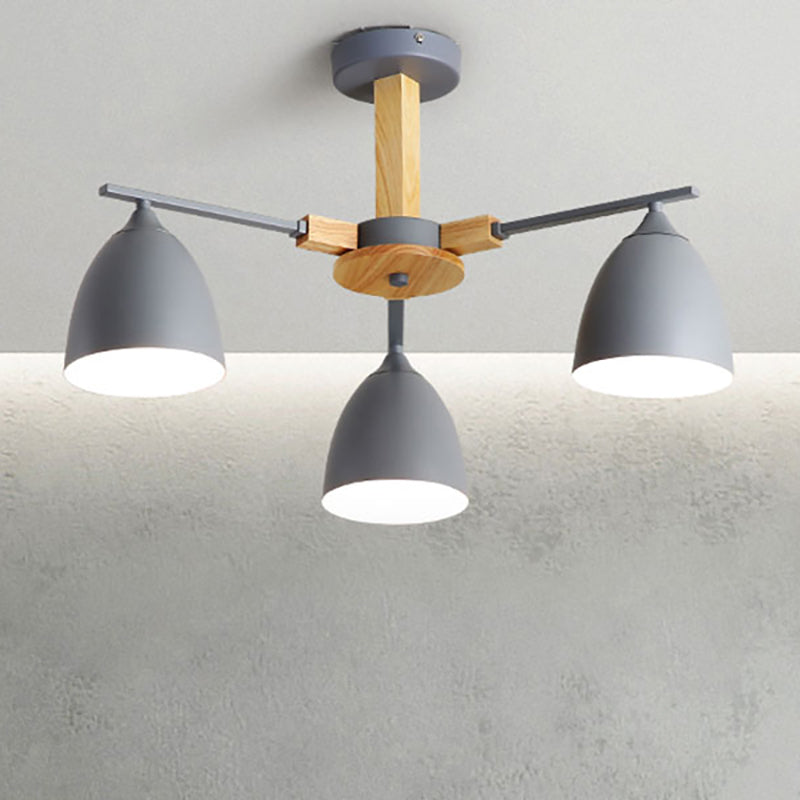 Metal Dome Shade Hanging Chandelier 3/6 Lights Modern Wood Arm Ceiling Hanging Lamp in Green/Grey/White Clearhalo 'Ceiling Lights' 'Chandeliers' 'Modern Chandeliers' 'Modern' Lighting' 237010