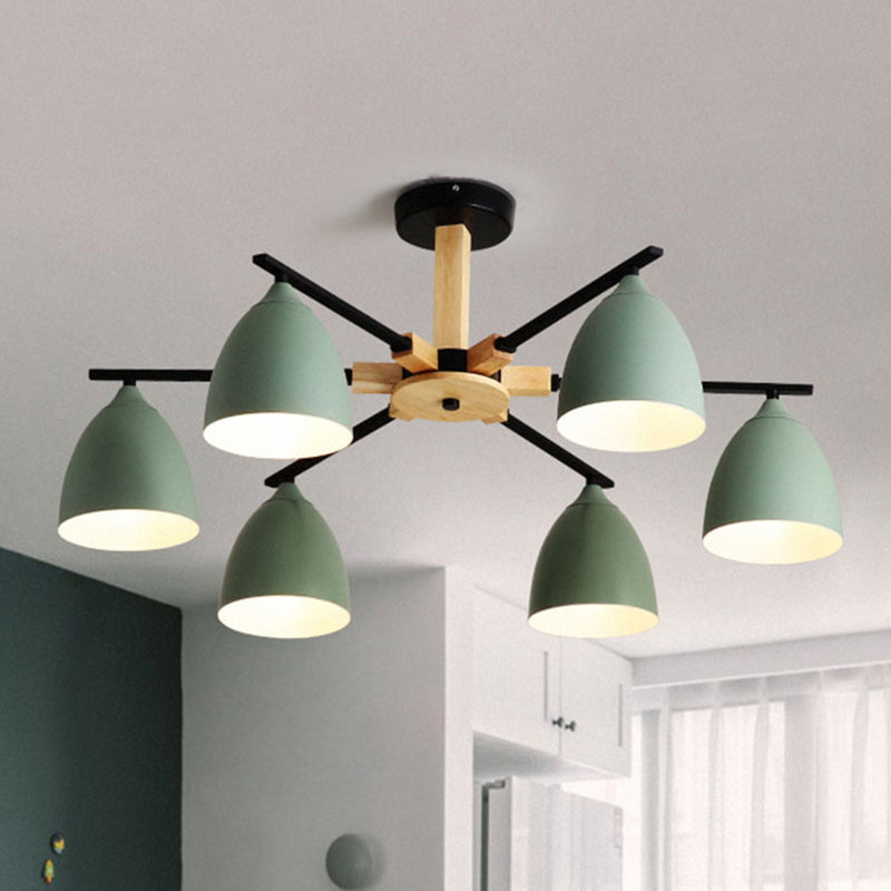 Nordic Dome Shade Drop Ceiling Light Multi-Light Wooden Hanging Chandelier in Green for Living Room 6 Green Clearhalo 'Ceiling Lights' 'Chandeliers' 'Modern Chandeliers' 'Modern' Lighting' 237011