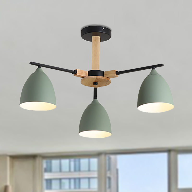 Nordic Dome Shade Drop Ceiling Light Multi-Light Wooden Hanging Chandelier in Green for Living Room 3 Green Clearhalo 'Ceiling Lights' 'Chandeliers' 'Modern Chandeliers' 'Modern' Lighting' 237013