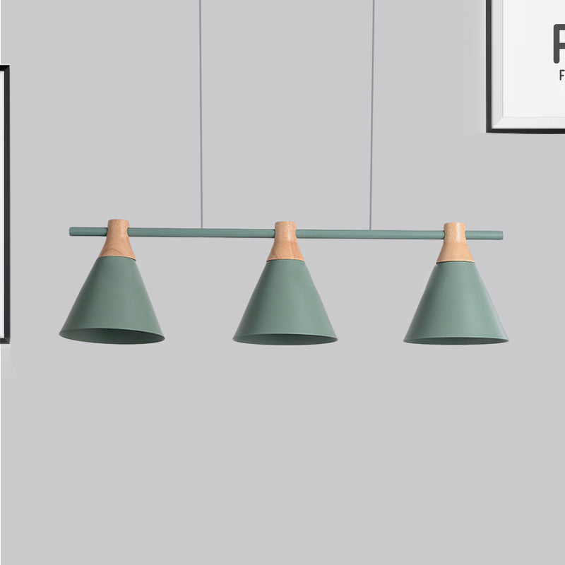 Triple Light Cone Shade Island Lighting Nordic Metal Hanging Chandelier in Green/Grey/Yellow for Kitchen Clearhalo 'Ceiling Lights' 'Island Lights' Lighting' 237047