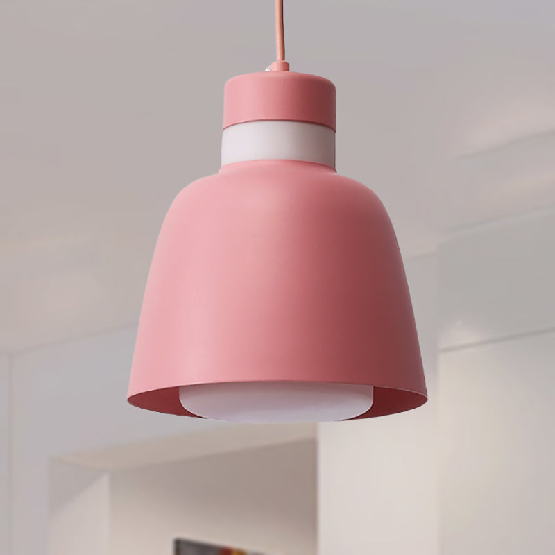 Black/Pink/Yellow Bell Ceiling Pendant Light Modernism 1 Light Metal Hanging Lamp Kit Pink Clearhalo 'Ceiling Lights' 'Modern Pendants' 'Modern' 'Pendant Lights' 'Pendants' Lighting' 237096