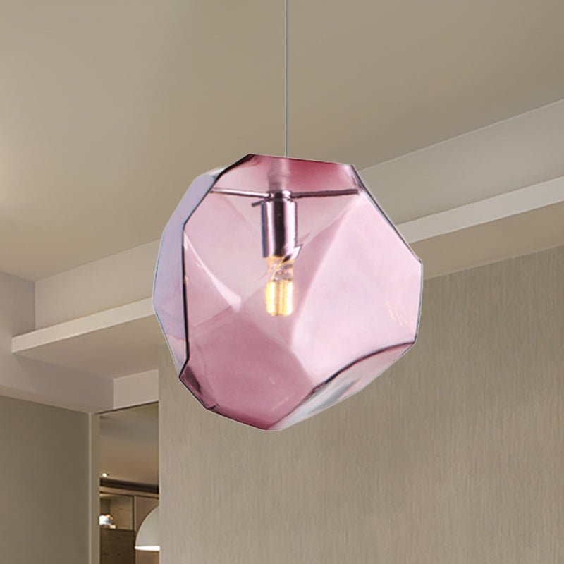 Faceted Grey/Orange/Purple Glass Pendant Lighting Contemporary 1 Light Dining Room Led Hanging Lamp Fixture Purple Clearhalo 'Ceiling Lights' 'Glass shade' 'Glass' 'Modern Pendants' 'Modern' 'Pendant Lights' 'Pendants' Lighting' 237196