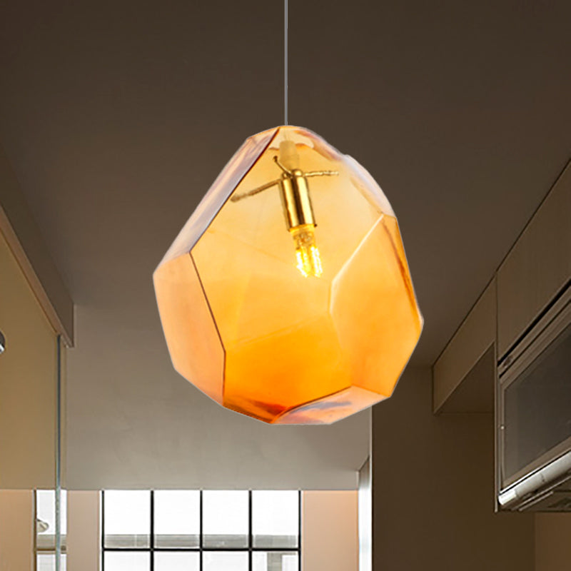 Faceted Grey/Orange/Purple Glass Pendant Lighting Contemporary 1 Light Dining Room Led Hanging Lamp Fixture Orange Clearhalo 'Ceiling Lights' 'Glass shade' 'Glass' 'Modern Pendants' 'Modern' 'Pendant Lights' 'Pendants' Lighting' 237198