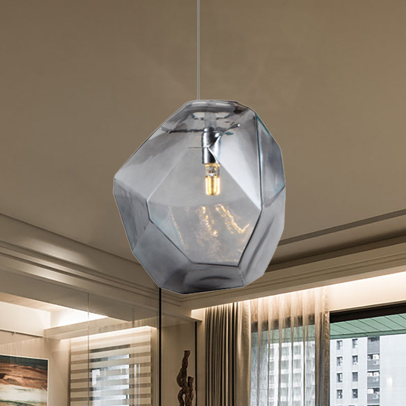 Faceted Grey/Orange/Purple Glass Pendant Lighting Contemporary 1 Light Dining Room Led Hanging Lamp Fixture Grey Clearhalo 'Ceiling Lights' 'Glass shade' 'Glass' 'Modern Pendants' 'Modern' 'Pendant Lights' 'Pendants' Lighting' 237200