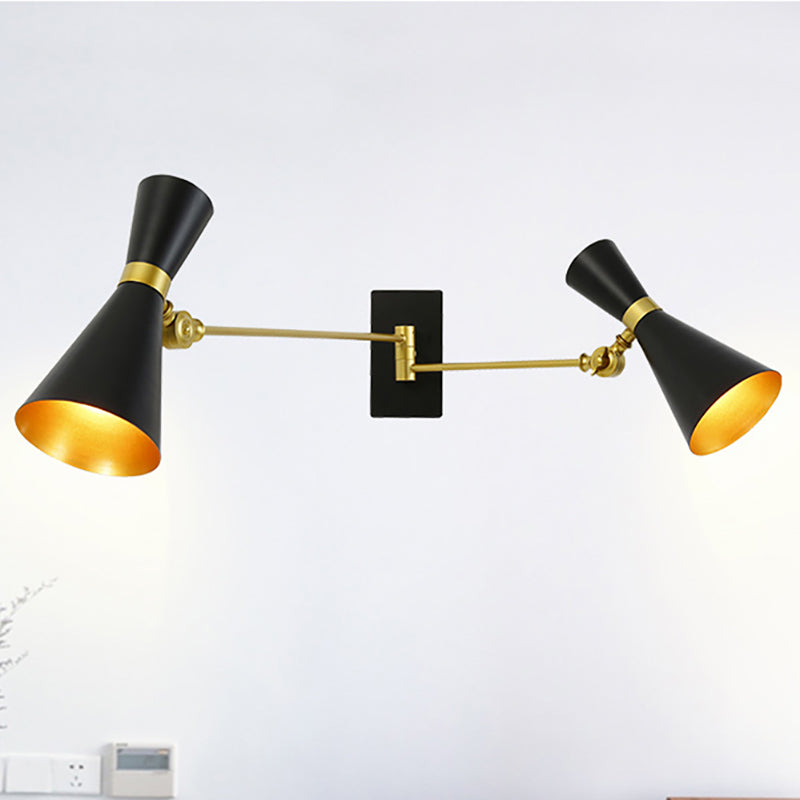 Black/White/Gold Trumpet Wall Sconce Light Contemporary 1/2/3 Light Metal Wall Light with Adjustable Arm 2.0 Black A Clearhalo 'Cast Iron' 'Glass' 'Industrial' 'Modern wall lights' 'Modern' 'Tiffany' 'Traditional wall lights' 'Wall Lamps & Sconces' 'Wall Lights' Lighting' 237233