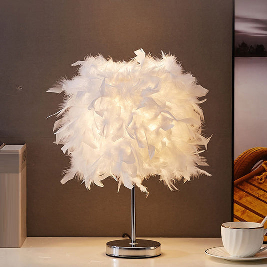 White Cylindrical Night Table Light Simplicity Single Bulb Feather Nightstand Lamp White Clearhalo 'Lamps' 'Table Lamps' Lighting' 2373162