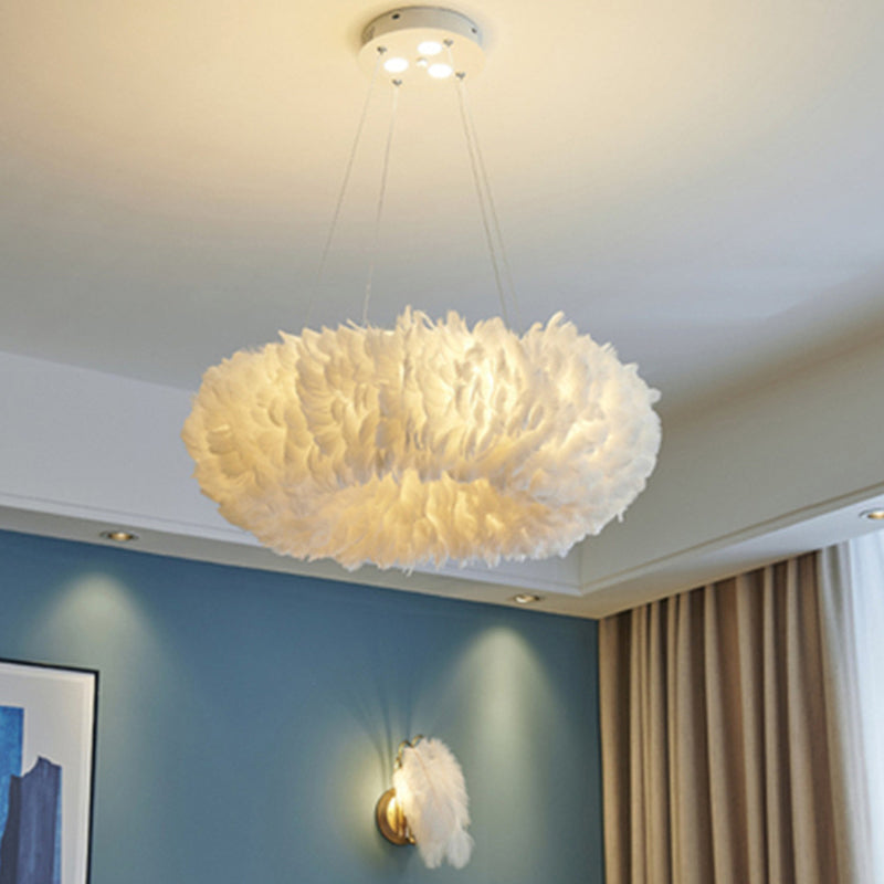 Ring Pendant Light Fixture Modernist Feather Bedroom Hanging Chandelier in White Clearhalo 'Ceiling Lights' 'Chandeliers' 'Modern Chandeliers' 'Modern' Lighting' 2373207