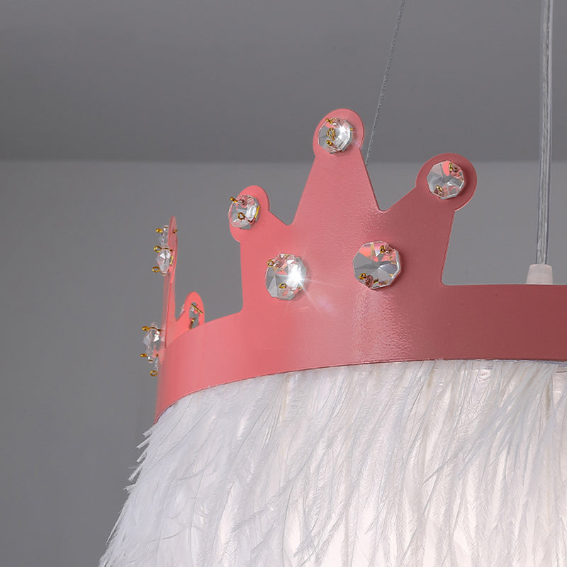 Crown Shaped Girls Room Chandelier Feather 2-Light Nordic Style Hanging Light Kit Clearhalo 'Ceiling Lights' 'Chandeliers' 'Modern Chandeliers' 'Modern' Lighting' 2373218