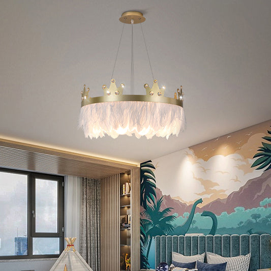 Crown Shaped Girls Room Chandelier Feather 2-Light Nordic Style Hanging Light Kit Gold Clearhalo 'Ceiling Lights' 'Chandeliers' 'Modern Chandeliers' 'Modern' Lighting' 2373219
