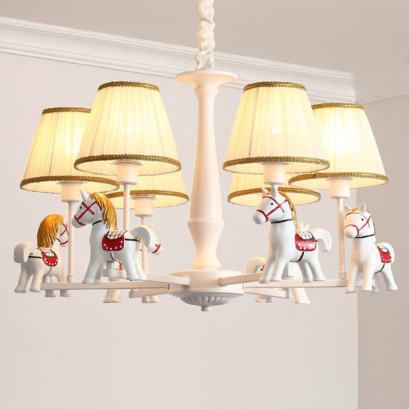 Carousel Child Room Pendant Light Resin Cartoon Chandelier with Tapered Fabric Shade in White Clearhalo 'Ceiling Lights' 'Chandeliers' Lighting' 2373266