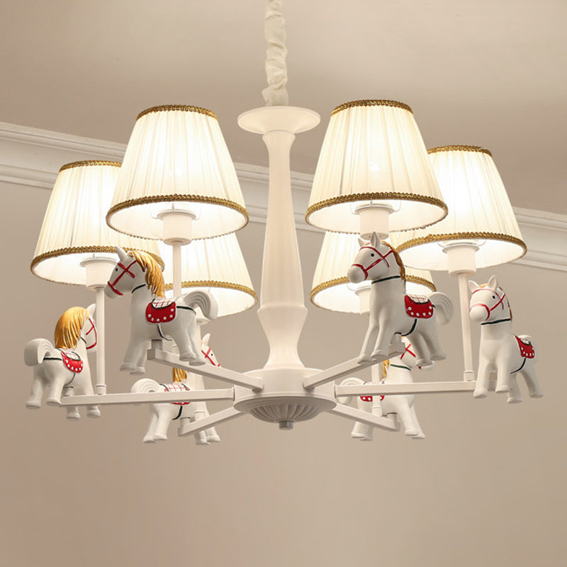 Carousel Child Room Pendant Light Resin Cartoon Chandelier with Tapered Fabric Shade in White 6 White Clearhalo 'Ceiling Lights' 'Chandeliers' Lighting' 2373270