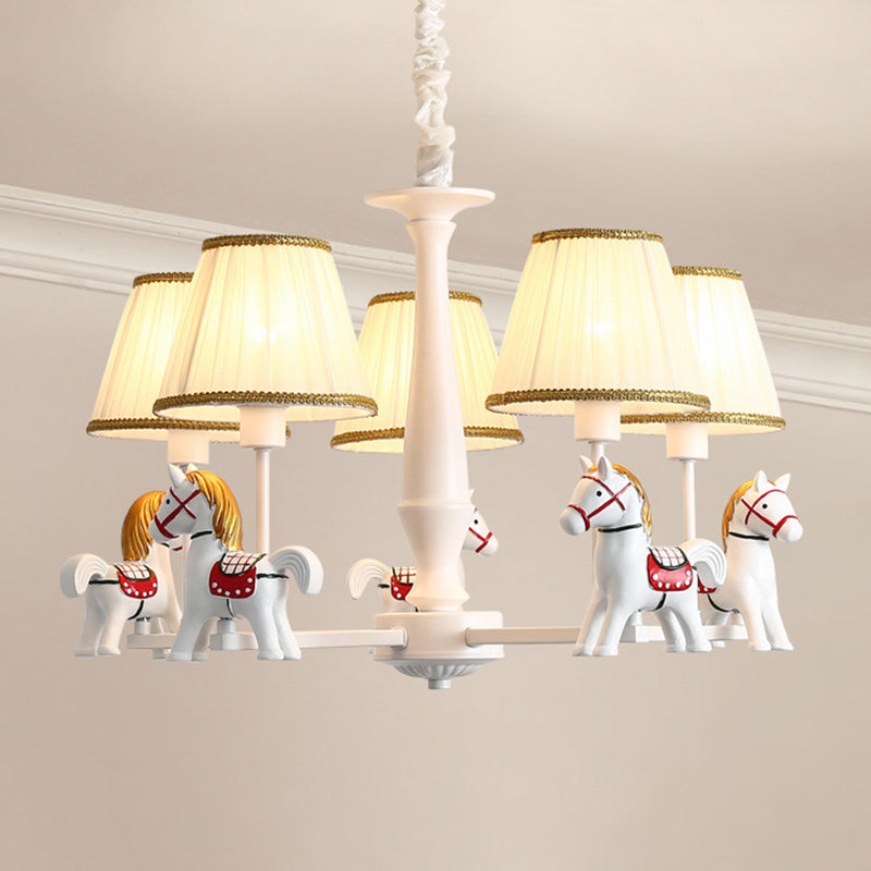 Carousel Child Room Pendant Light Resin Cartoon Chandelier with Tapered Fabric Shade in White 5 White Clearhalo 'Ceiling Lights' 'Chandeliers' Lighting' 2373271