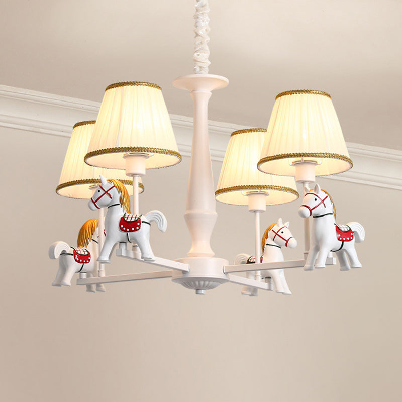 Carousel Child Room Pendant Light Resin Cartoon Chandelier with Tapered Fabric Shade in White 4 White Clearhalo 'Ceiling Lights' 'Chandeliers' Lighting' 2373272