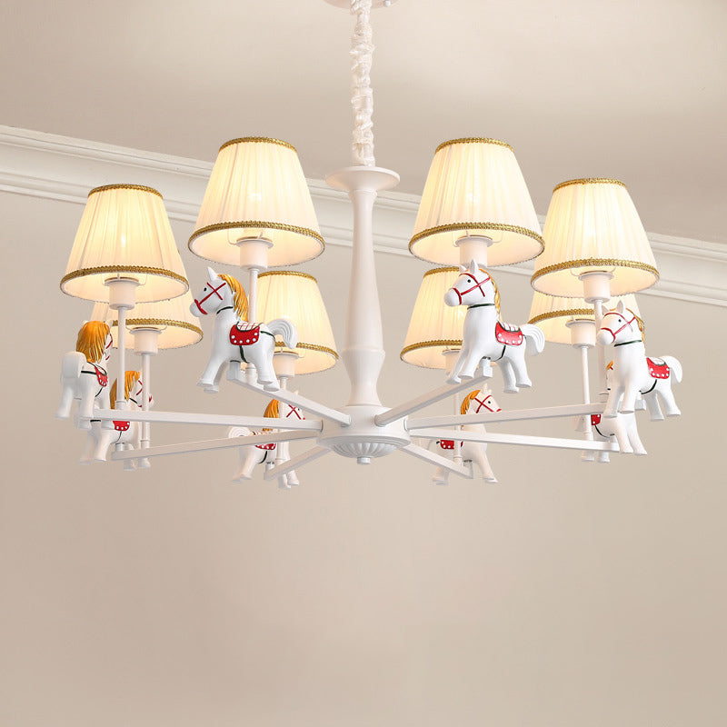 Carousel Child Room Pendant Light Resin Cartoon Chandelier with Tapered Fabric Shade in White 8 White Clearhalo 'Ceiling Lights' 'Chandeliers' Lighting' 2373273