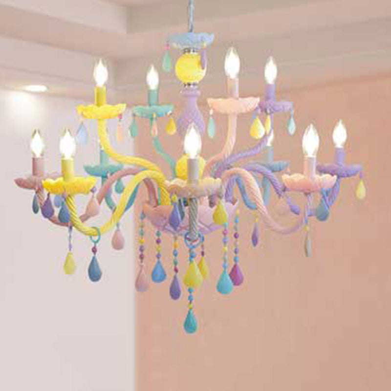 Pink Candle Style Hanging Light Kids Multicolored Glass Chandelier for Baby Room 12 Pink Clearhalo 'Ceiling Lights' 'Chandeliers' 'Close To Ceiling Lights' 'Glass shade' 'Glass' 'Pendant Lights' Lighting' 2373275