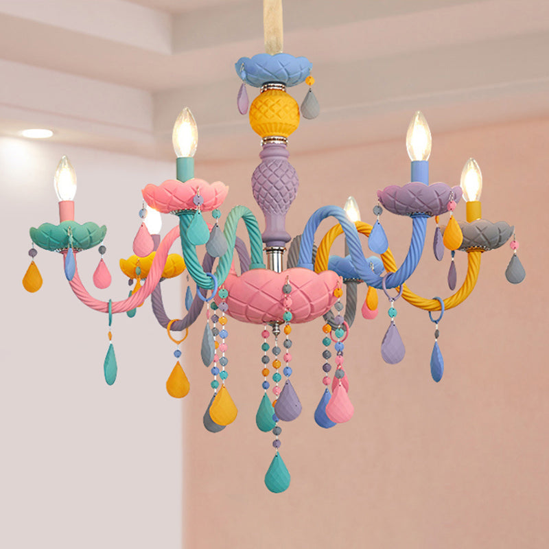 Pink Candle Style Hanging Light Kids Multicolored Glass Chandelier for Baby Room 6 Pink Clearhalo 'Ceiling Lights' 'Chandeliers' 'Close To Ceiling Lights' 'Glass shade' 'Glass' 'Pendant Lights' Lighting' 2373276
