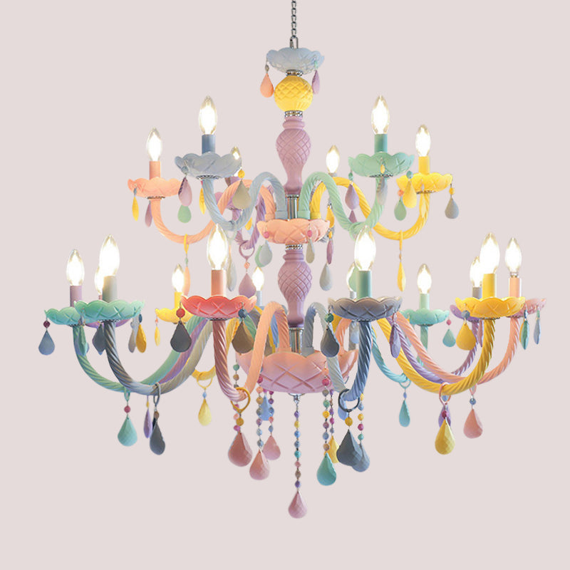 Pink Candle Style Hanging Light Kids Multicolored Glass Chandelier for Baby Room Clearhalo 'Ceiling Lights' 'Chandeliers' 'Close To Ceiling Lights' 'Glass shade' 'Glass' 'Pendant Lights' Lighting' 2373277