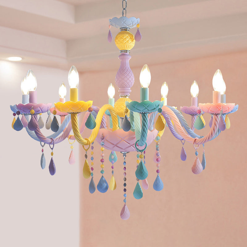Pink Candle Style Hanging Light Kids Multicolored Glass Chandelier for Baby Room 10 Pink Clearhalo 'Ceiling Lights' 'Chandeliers' 'Close To Ceiling Lights' 'Glass shade' 'Glass' 'Pendant Lights' Lighting' 2373278
