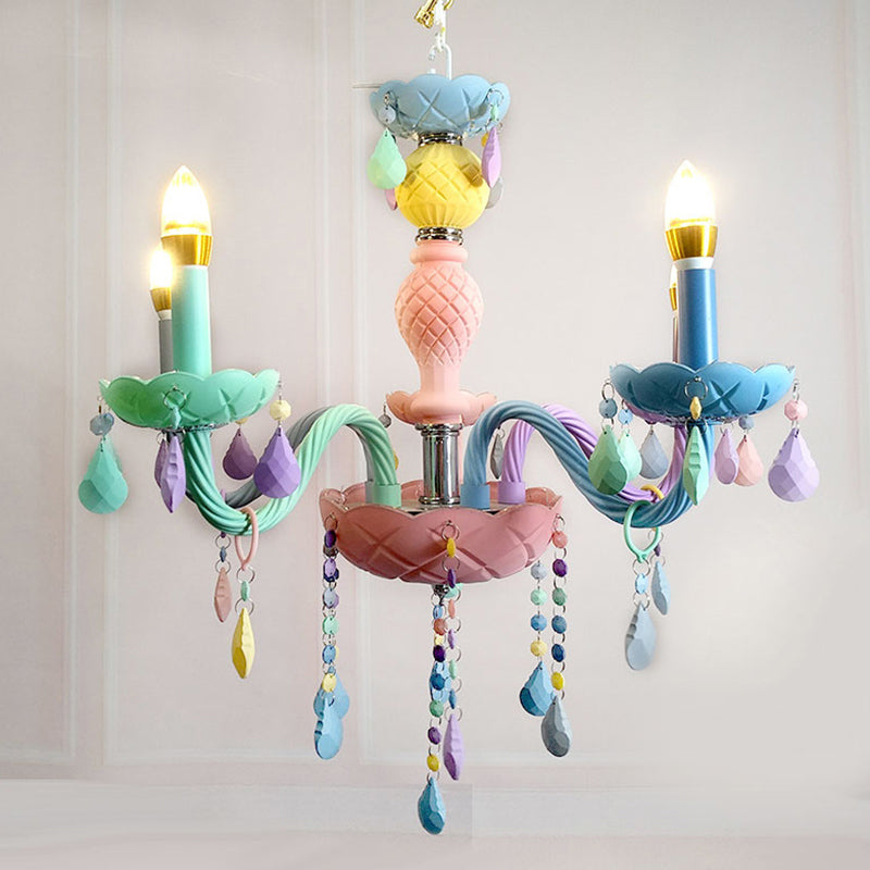 Pink Candle Style Hanging Light Kids Multicolored Glass Chandelier for Baby Room Clearhalo 'Ceiling Lights' 'Chandeliers' 'Close To Ceiling Lights' 'Glass shade' 'Glass' 'Pendant Lights' Lighting' 2373279