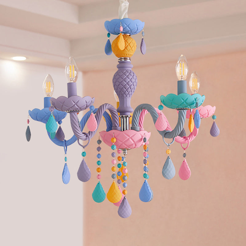Pink Candle Style Hanging Light Kids Multicolored Glass Chandelier for Baby Room 5 Pink Clearhalo 'Ceiling Lights' 'Chandeliers' 'Close To Ceiling Lights' 'Glass shade' 'Glass' 'Pendant Lights' Lighting' 2373280
