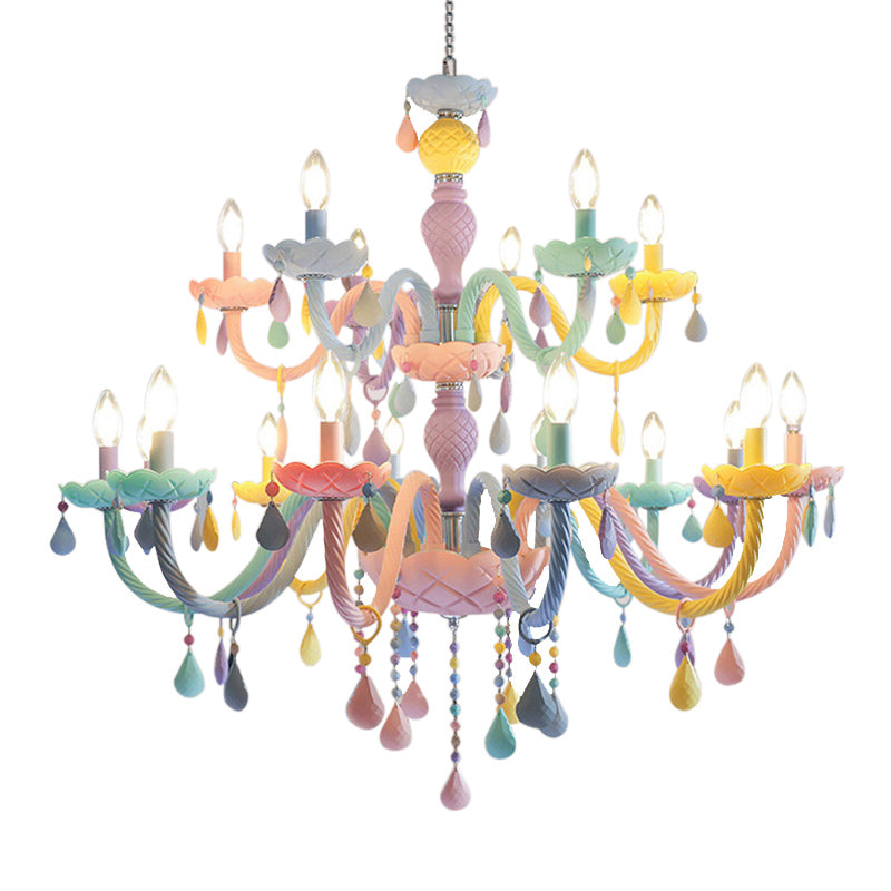 Pink Candle Style Hanging Light Kids Multicolored Glass Chandelier for Baby Room Clearhalo 'Ceiling Lights' 'Chandeliers' 'Close To Ceiling Lights' 'Glass shade' 'Glass' 'Pendant Lights' Lighting' 2373281