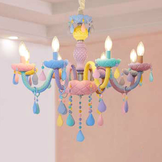 Pink Candle Style Hanging Light Kids Multicolored Glass Chandelier for Baby Room 8 Pink Clearhalo 'Ceiling Lights' 'Chandeliers' 'Close To Ceiling Lights' 'Glass shade' 'Glass' 'Pendant Lights' Lighting' 2373282
