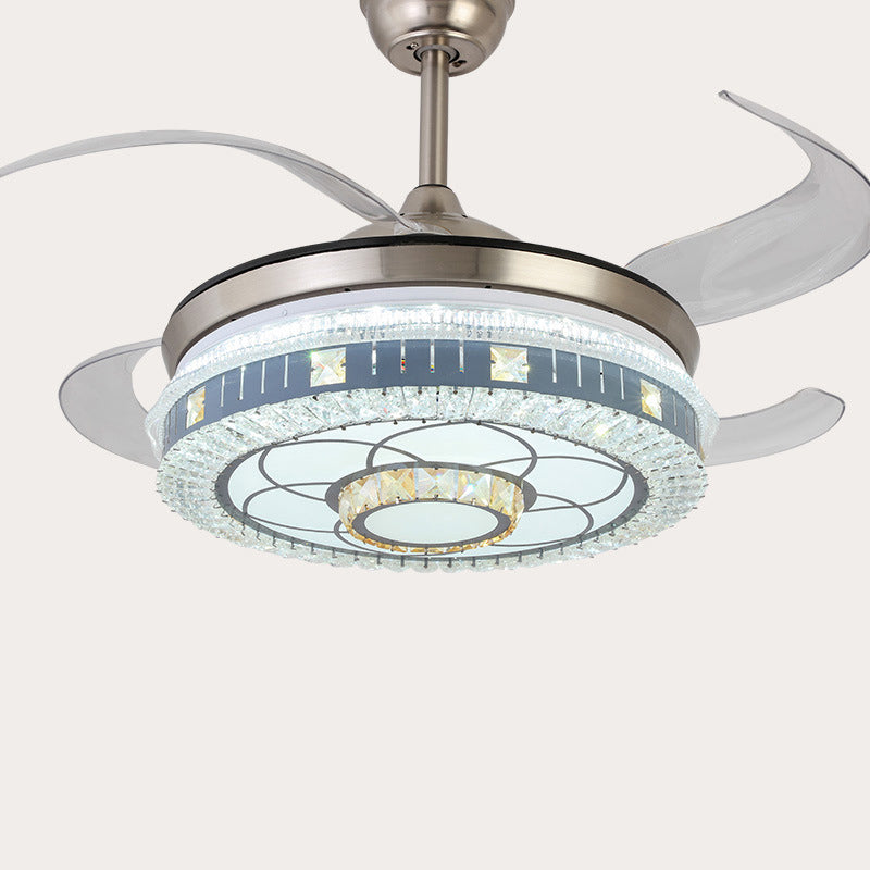 Crystal Round Hanging Fan Light Minimalist Blue Remote Control LED Semi Flush Light with 4 Blades, 42" W Clearhalo 'Ceiling Fans with Lights' 'Ceiling Fans' 'Modern Ceiling Fans' 'Modern' Lighting' 2373331