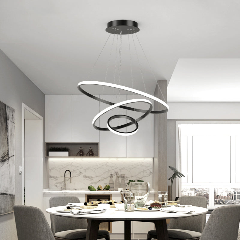 Outer Glowing Ring Shaped Hanging Light Artistic Aluminum LED Chandelier for Restaurant Black 3 Tiers Clearhalo 'Ceiling Lights' 'Chandeliers' 'Modern Chandeliers' 'Modern' Lighting' 2373378
