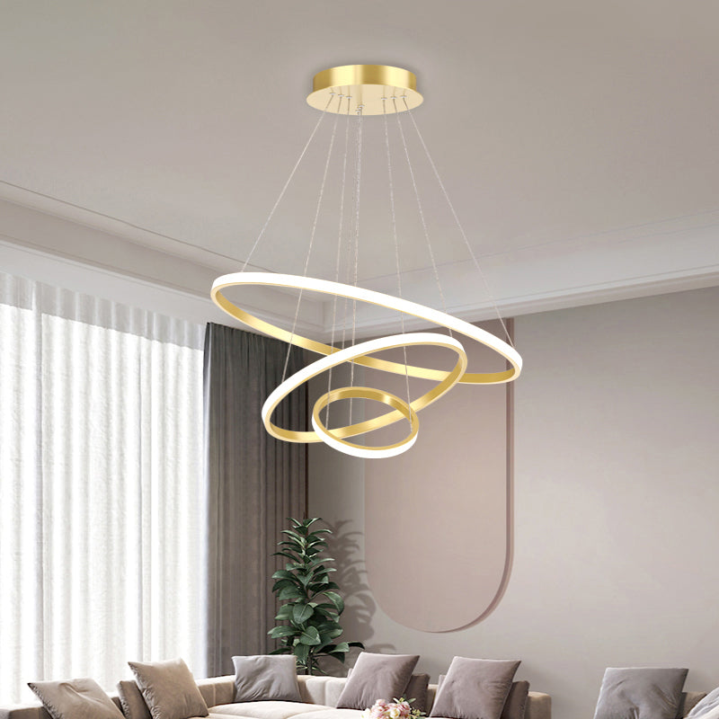Outer Glowing Ring Shaped Hanging Light Artistic Aluminum LED Chandelier for Restaurant Gold 3 Tiers Clearhalo 'Ceiling Lights' 'Chandeliers' 'Modern Chandeliers' 'Modern' Lighting' 2373379