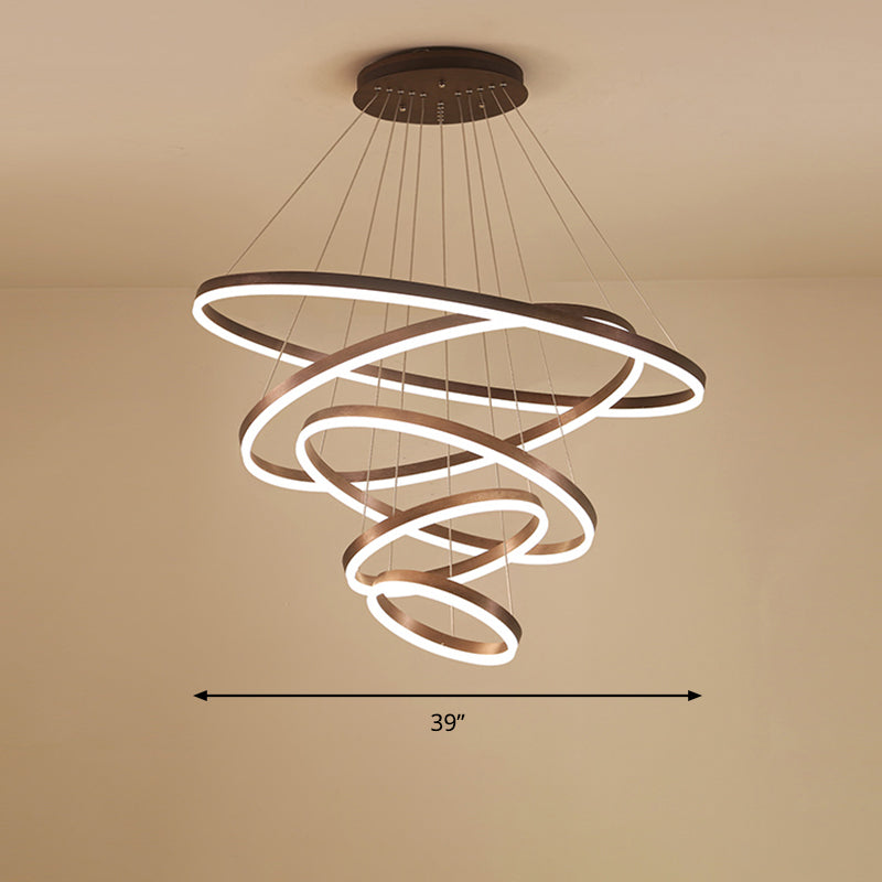 Acrylic Loop Shaped Chandelier Minimalist Elegant Coffee LED Suspension Light Fixture Coffee 5 Tiers 39" Clearhalo 'Ceiling Lights' 'Chandeliers' 'Modern Chandeliers' 'Modern' Lighting' 2373393