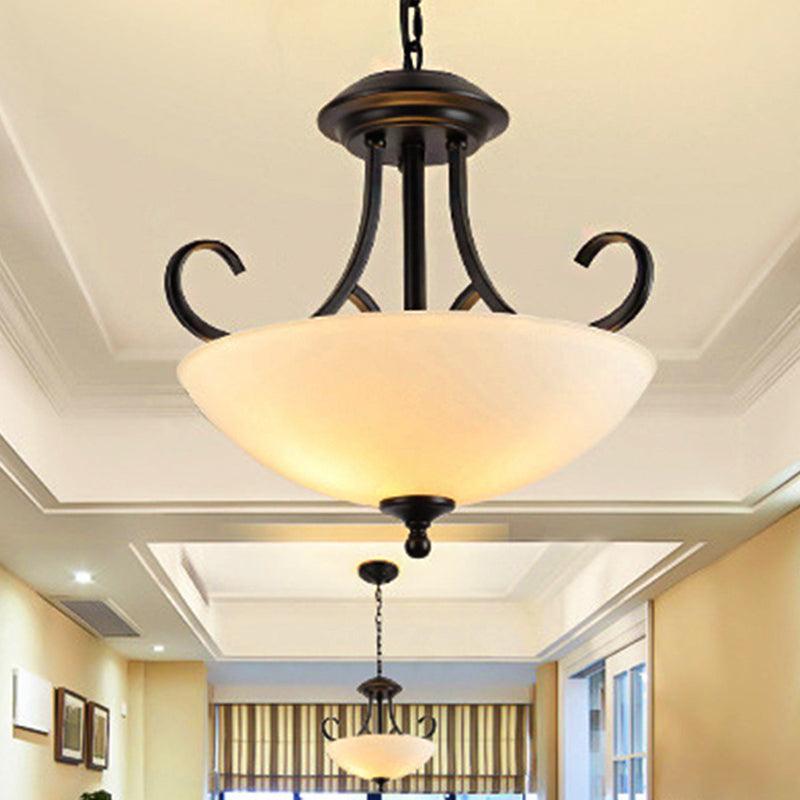 3 Bulbs Bowl Chandelier Light Traditional Black Frosted Glass Hanging Ceiling Fixture Clearhalo 'Ceiling Lights' 'Chandeliers' Lighting' options 237433