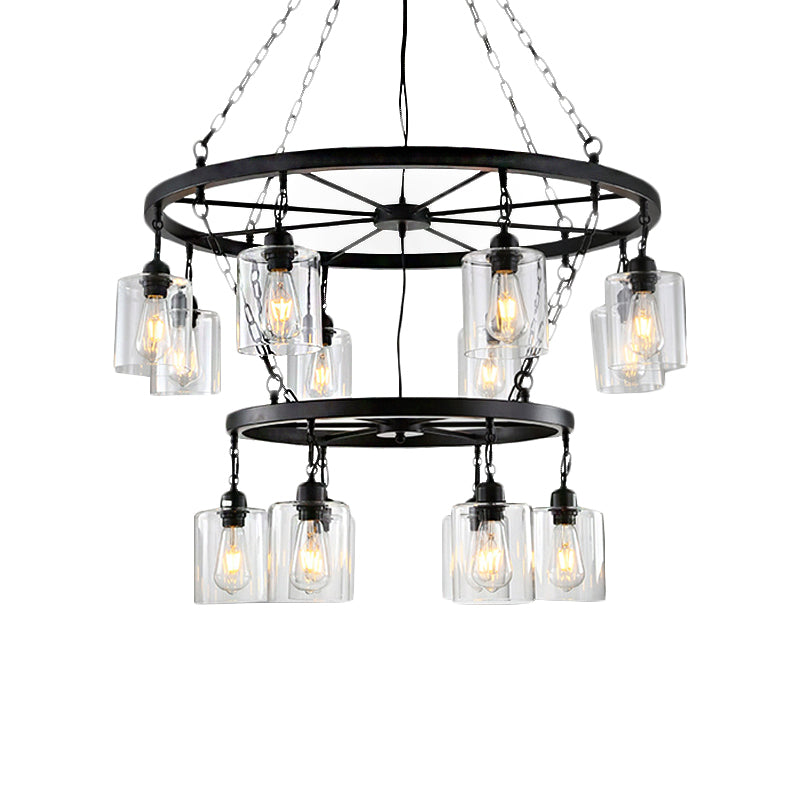 14 Lights Ceiling Light Traditional Two-Tiers Clear Glass Hanging Chandelier in Black with Cylinder Shade Clearhalo 'Ceiling Lights' 'Chandeliers' Lighting' options 237447