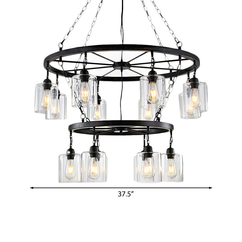 14 Lights Ceiling Light Traditional Two-Tiers Clear Glass Hanging Chandelier in Black with Cylinder Shade Clearhalo 'Ceiling Lights' 'Chandeliers' Lighting' options 237448