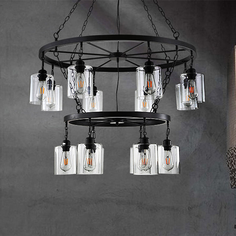 14 Lights Ceiling Light Traditional Two-Tiers Clear Glass Hanging Chandelier in Black with Cylinder Shade Clearhalo 'Ceiling Lights' 'Chandeliers' Lighting' options 237449