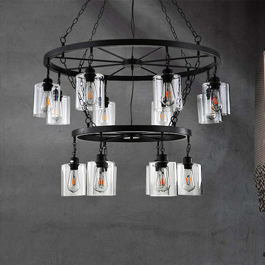 14 Lights Ceiling Light Traditional Two-Tiers Clear Glass Hanging Chandelier in Black with Cylinder Shade Clearhalo 'Ceiling Lights' 'Chandeliers' Lighting' options 237449