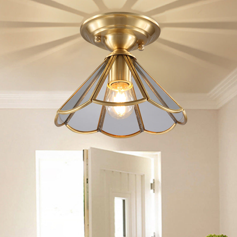Gold Tapered Semi Flush Mount Traditional 1 Head Clear Glass Ceiling Mounted Light for Living Room Gold Clearhalo 'Ceiling Lights' 'Close To Ceiling Lights' 'Close to ceiling' 'Glass shade' 'Glass' 'Semi-flushmount' Lighting' 237473