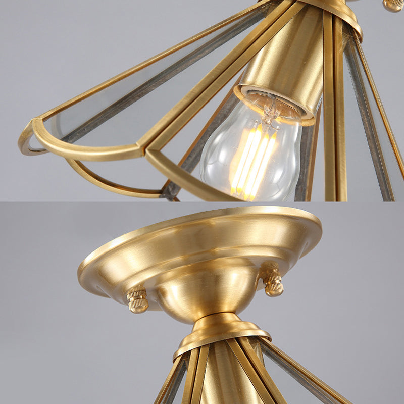 Gold Tapered Semi Flush Mount Traditional 1 Head Clear Glass Ceiling Mounted Light for Living Room Clearhalo 'Ceiling Lights' 'Close To Ceiling Lights' 'Close to ceiling' 'Glass shade' 'Glass' 'Semi-flushmount' Lighting' 237478