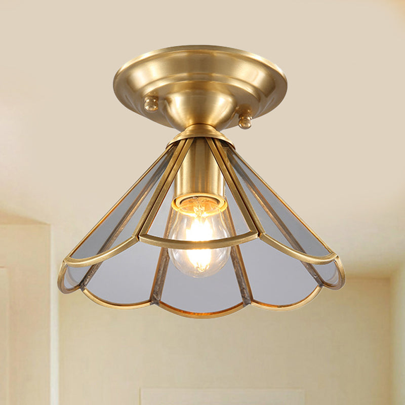 Gold Tapered Semi Flush Mount Traditional 1 Head Clear Glass Ceiling Mounted Light for Living Room Clearhalo 'Ceiling Lights' 'Close To Ceiling Lights' 'Close to ceiling' 'Glass shade' 'Glass' 'Semi-flushmount' Lighting' 237480