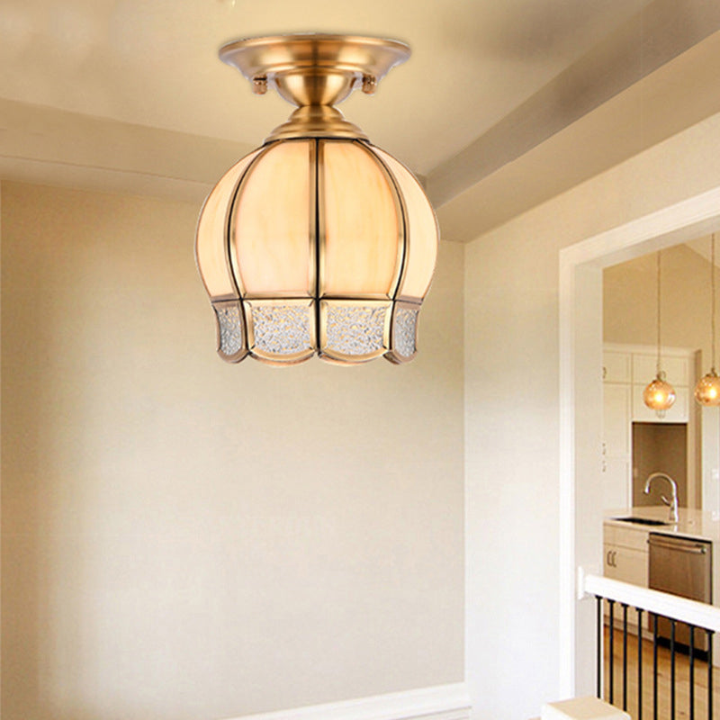 Dome Semi Flush Mount Lamp Tradition Milk Glass 1 Bulb Ceiling Mounted Light in Brass for Balcony Clearhalo 'Ceiling Lights' 'Close To Ceiling Lights' 'Close to ceiling' 'Glass shade' 'Glass' 'Semi-flushmount' Lighting' 237567