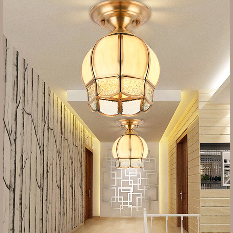 Dome Semi Flush Mount Lamp Tradition Milk Glass 1 Bulb Ceiling Mounted Light in Brass for Balcony Clearhalo 'Ceiling Lights' 'Close To Ceiling Lights' 'Close to ceiling' 'Glass shade' 'Glass' 'Semi-flushmount' Lighting' 237568