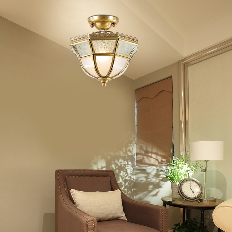 Brass Umbrella Semi Flush Light Traditionary Opal Glass 1 Head Ceiling Mounted Fixture Clearhalo 'Ceiling Lights' 'Close To Ceiling Lights' 'Close to ceiling' 'Glass shade' 'Glass' 'Semi-flushmount' Lighting' 237578