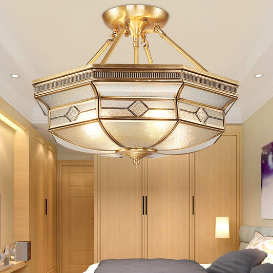 Octagon Semi Flush Ceiling Light Tradition Textured Glass 1 Head Brass Ceiling Mounted Light for Bedroom Brass Clearhalo 'Ceiling Lights' 'Close To Ceiling Lights' 'Close to ceiling' 'Glass shade' 'Glass' 'Semi-flushmount' Lighting' 237599