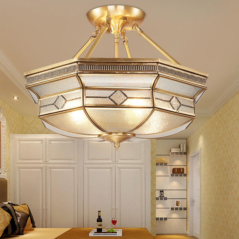 Octagon Semi Flush Ceiling Light Tradition Textured Glass 1 Head Brass Ceiling Mounted Light for Bedroom Clearhalo 'Ceiling Lights' 'Close To Ceiling Lights' 'Close to ceiling' 'Glass shade' 'Glass' 'Semi-flushmount' Lighting' 237601