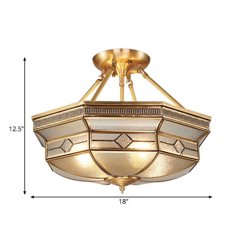 Octagon Semi Flush Ceiling Light Tradition Textured Glass 1 Head Brass Ceiling Mounted Light for Bedroom Clearhalo 'Ceiling Lights' 'Close To Ceiling Lights' 'Close to ceiling' 'Glass shade' 'Glass' 'Semi-flushmount' Lighting' 237603