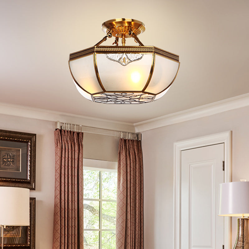 Brass Dome Semi Flush Mount Lamp Traditional Milk Glass 3 Bulbs Ceiling Mounted Light for Living Room Brass Clearhalo 'Ceiling Lights' 'Close To Ceiling Lights' 'Close to ceiling' 'Glass shade' 'Glass' 'Semi-flushmount' Lighting' 237605