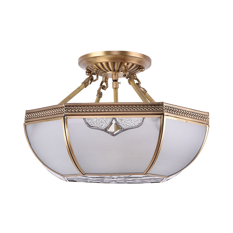 Brass Dome Semi Flush Mount Lamp Traditional Milk Glass 3 Bulbs Ceiling Mounted Light for Living Room Clearhalo 'Ceiling Lights' 'Close To Ceiling Lights' 'Close to ceiling' 'Glass shade' 'Glass' 'Semi-flushmount' Lighting' 237609