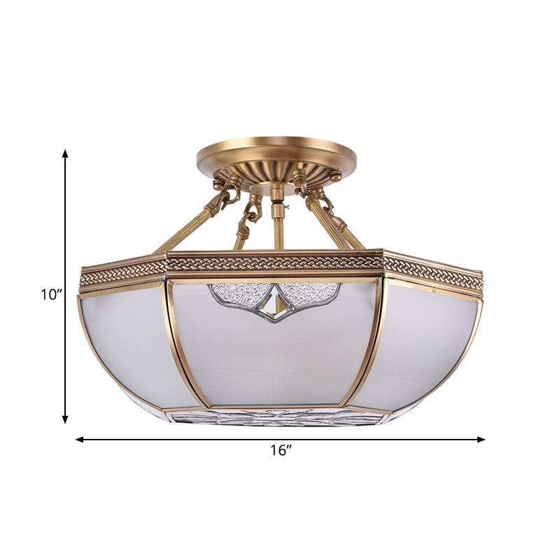 Brass Dome Semi Flush Mount Lamp Traditional Milk Glass 3 Bulbs Ceiling Mounted Light for Living Room Clearhalo 'Ceiling Lights' 'Close To Ceiling Lights' 'Close to ceiling' 'Glass shade' 'Glass' 'Semi-flushmount' Lighting' 237610